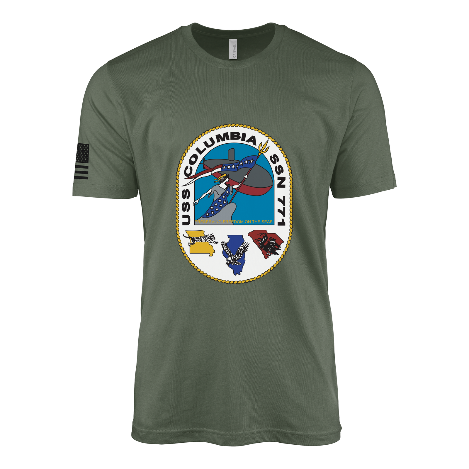 USS Columbia (SSN-771) Submarine T-Shirt Tactically Acquired Military Green L
