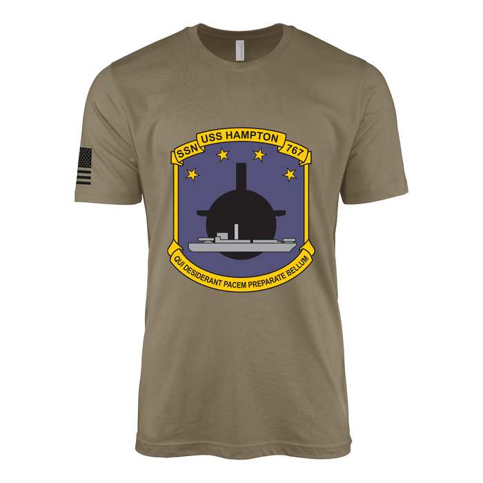 USS Hampton (SSN-767) Submarine T-Shirt Tactically Acquired Coyote Brown S