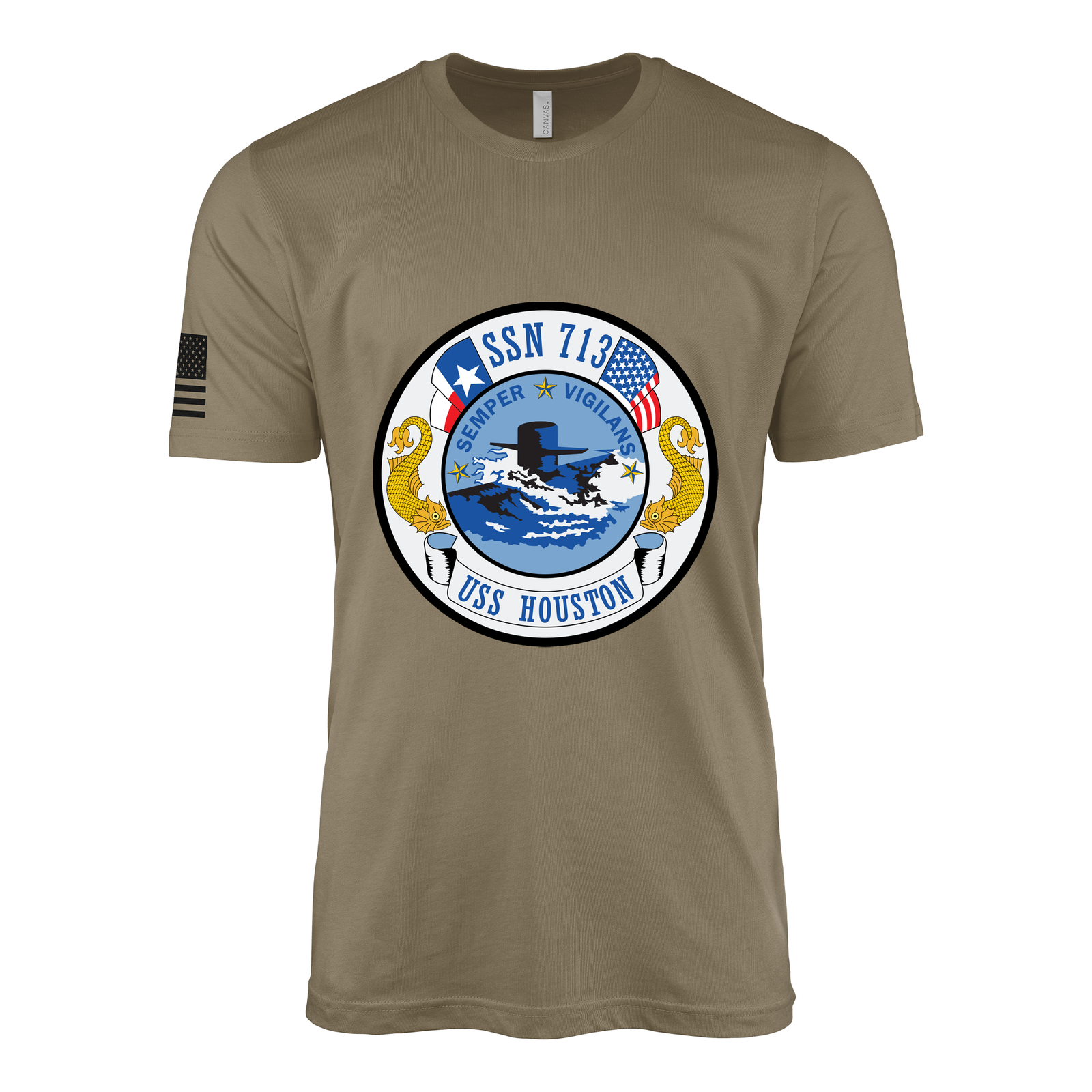 USS Houston (SSN-713) Submarine T-Shirt Tactically Acquired Coyote Brown S
