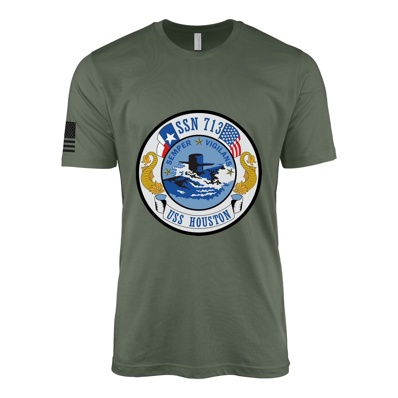 USS Houston (SSN-713) Submarine T-Shirt Tactically Acquired Military Green L