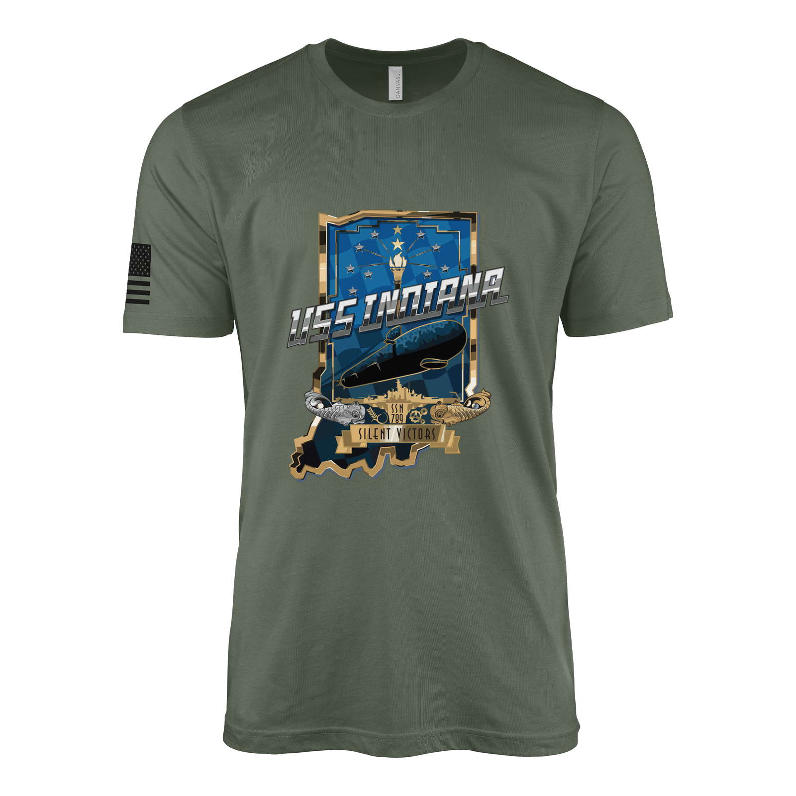 USS Indiana (SSN-789) Submarine T-Shirt Tactically Acquired Military Green XL