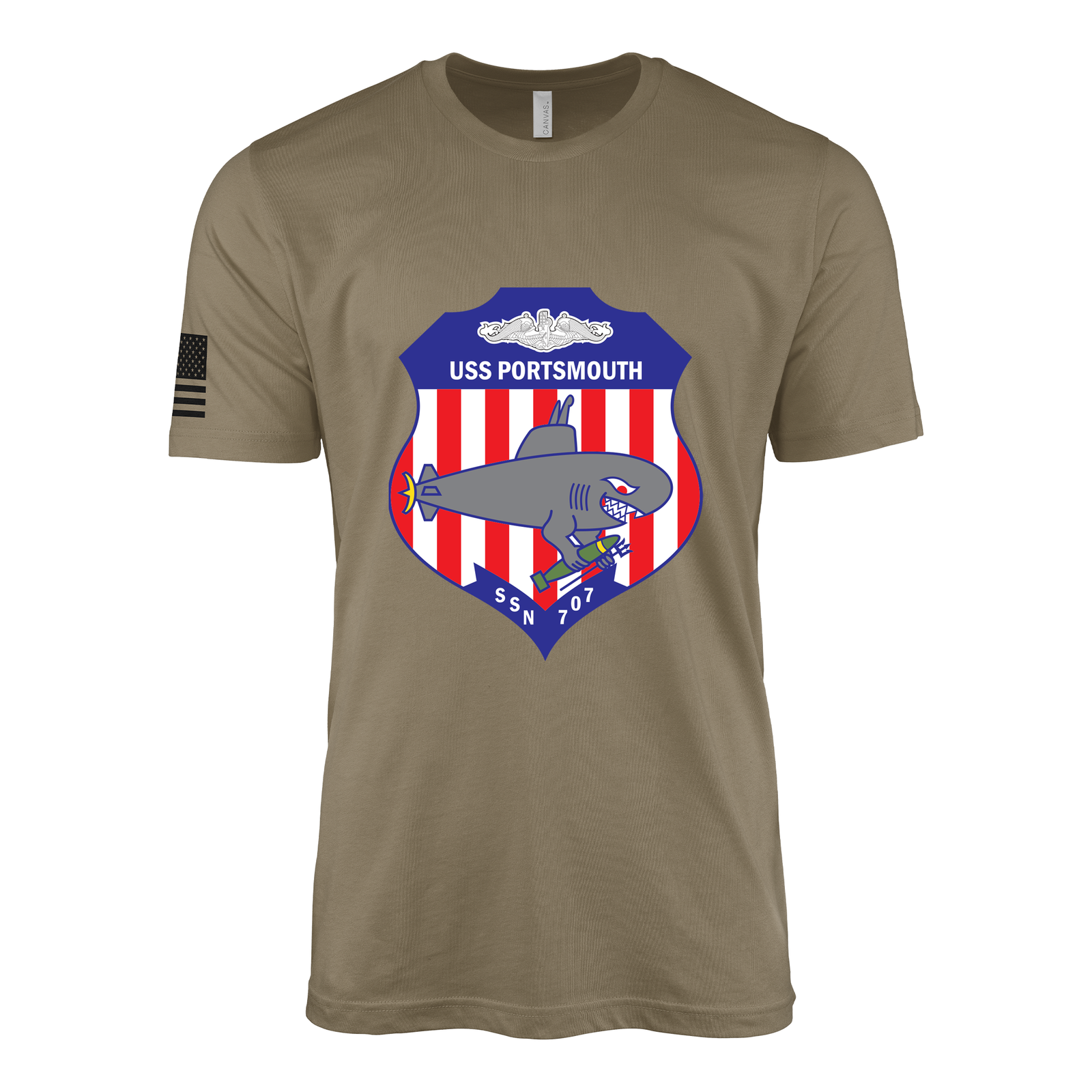 USS Portsmouth (SSN-707) Submarine T-Shirt Tactically Acquired Coyote Brown S