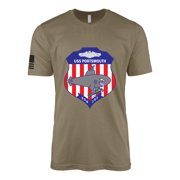 USS Portsmouth (SSN-707) Submarine T-Shirt Tactically Acquired Coyote Brown S