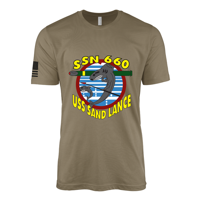 USS Sand Lance (SSN-660) Submarine T-Shirt Tactically Acquired Coyote Brown S