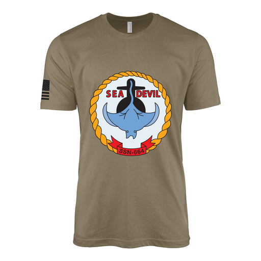 USS Sea Devil (SSN-664) Submarine T-Shirt Tactically Acquired Coyote Brown S