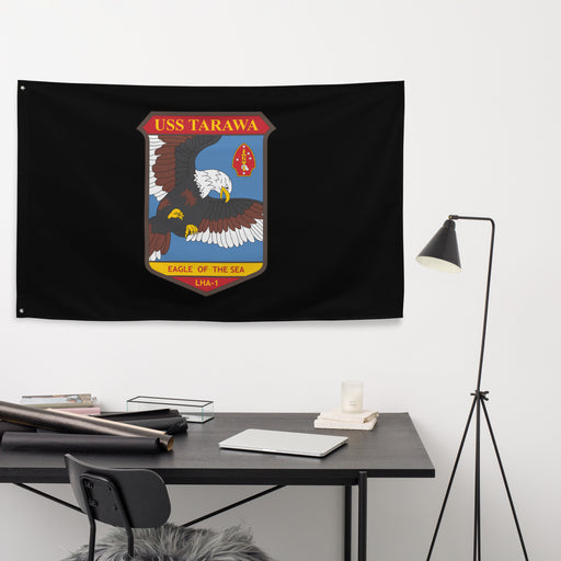 USS Tarawa (LHA-1) Logo Black Wall Flag Tactically Acquired   