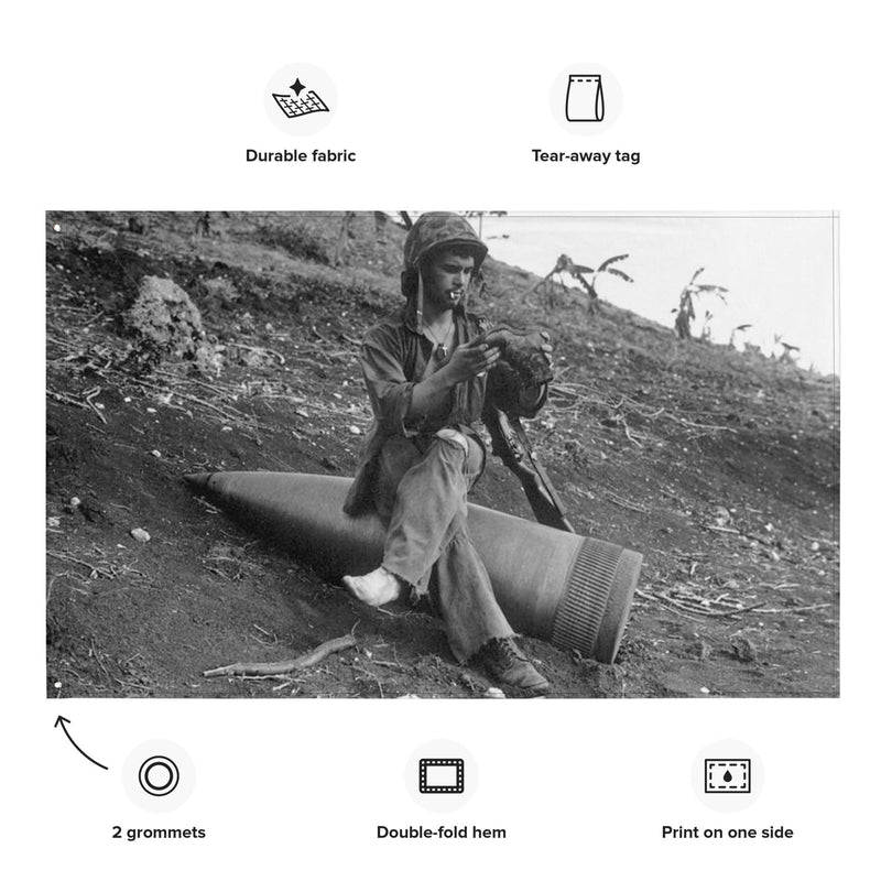 Marine Sitting on Unexploded Naval Shell at Saipan USMC WW2 Flag