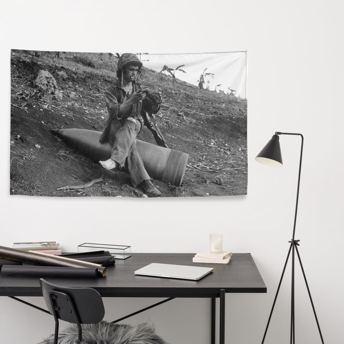 Marine Sitting on Unexploded Naval Shell at Saipan USMC WW2 Flag Tactically Acquired   