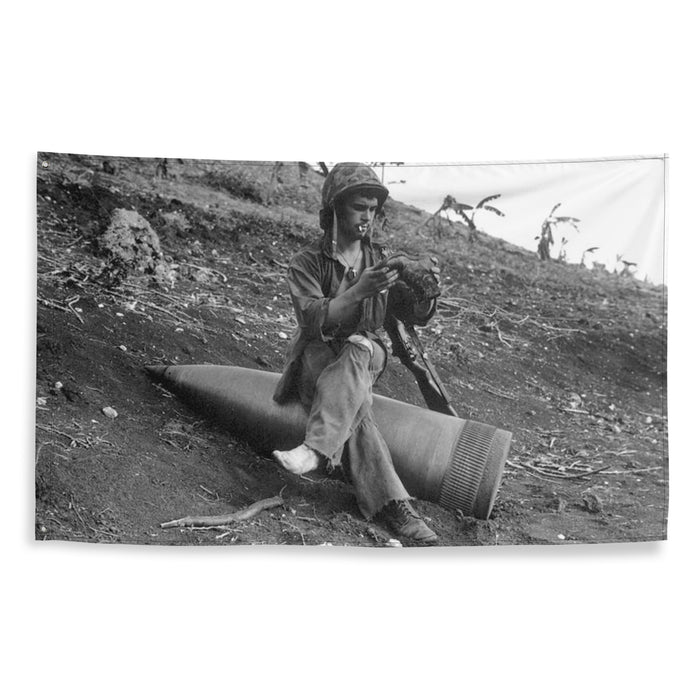 Marine Sitting on Unexploded Naval Shell at Saipan USMC WW2 Flag Tactically Acquired   