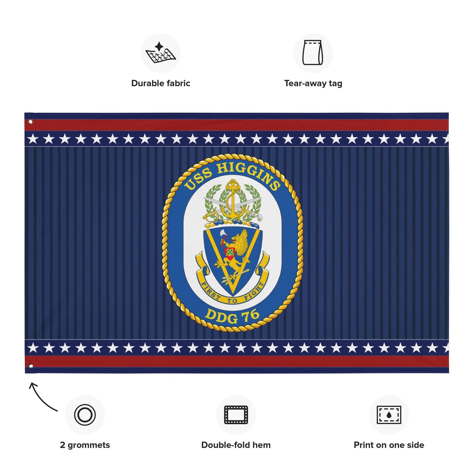 Patriotic USS Higgins (DDG-76) Ship's Crest Wall Flag Tactically Acquired   