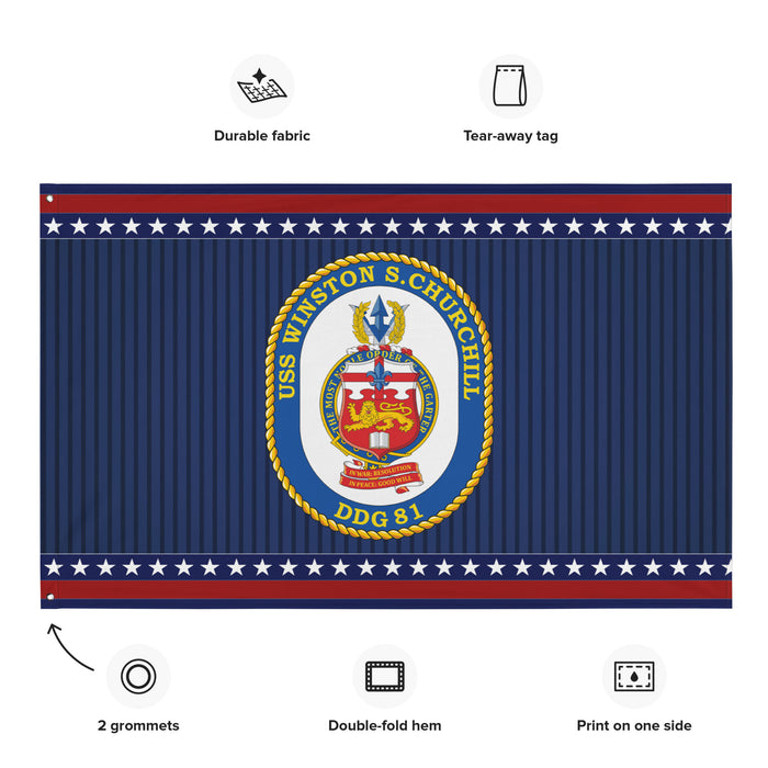 Patriotic USS Winston S. Churchill (DDG-81) Ship's Crest Wall Flag Tactically Acquired   