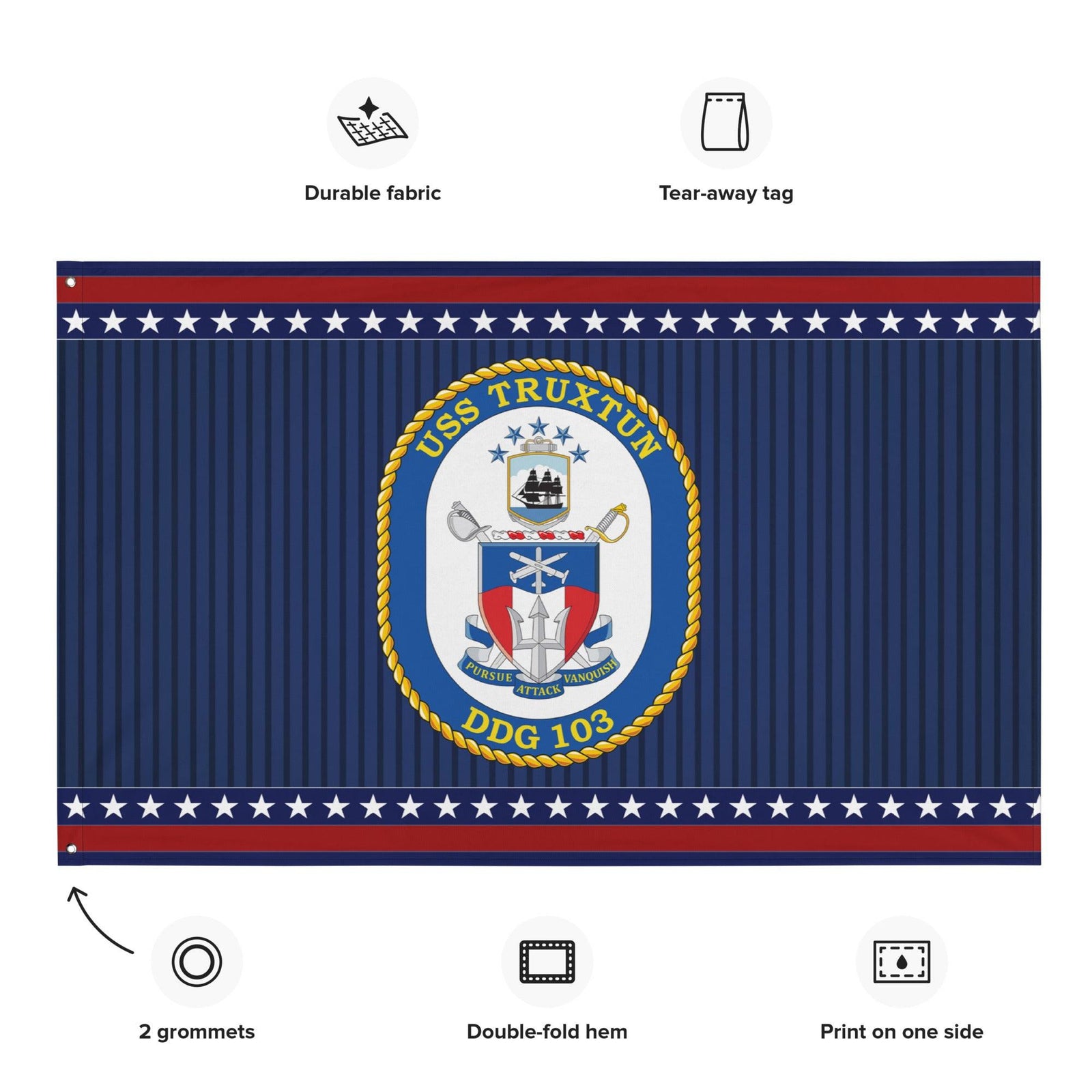 Patriotic USS Truxtun (DDG-103) Ship's Crest Wall Flag Tactically Acquired   