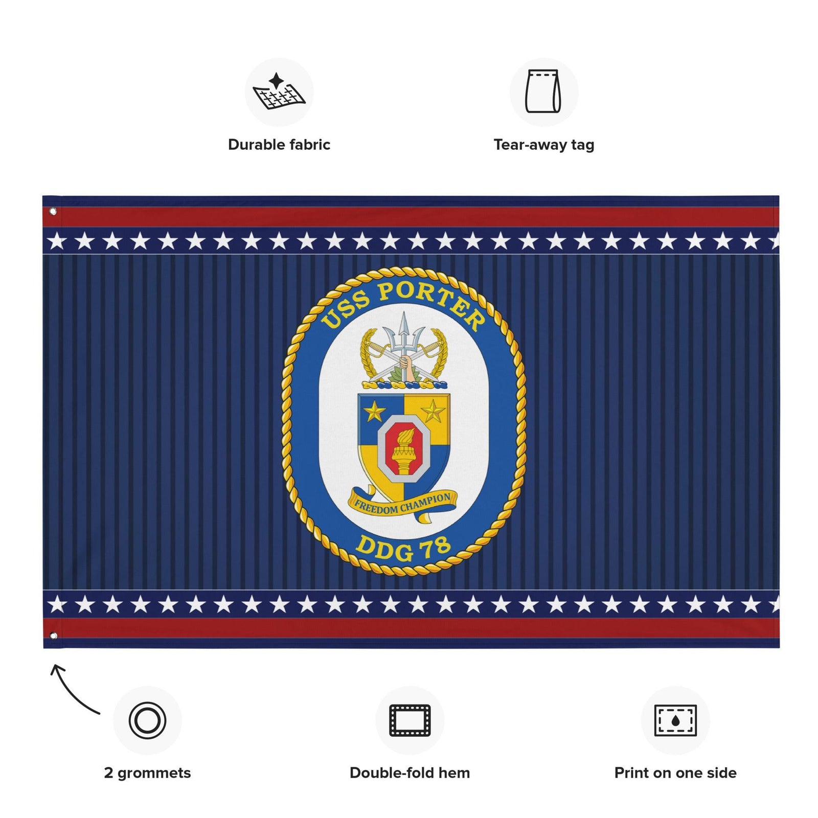 Patriotic USS Porter (DDG-78) Ship's Crest Wall Flag Tactically Acquired   