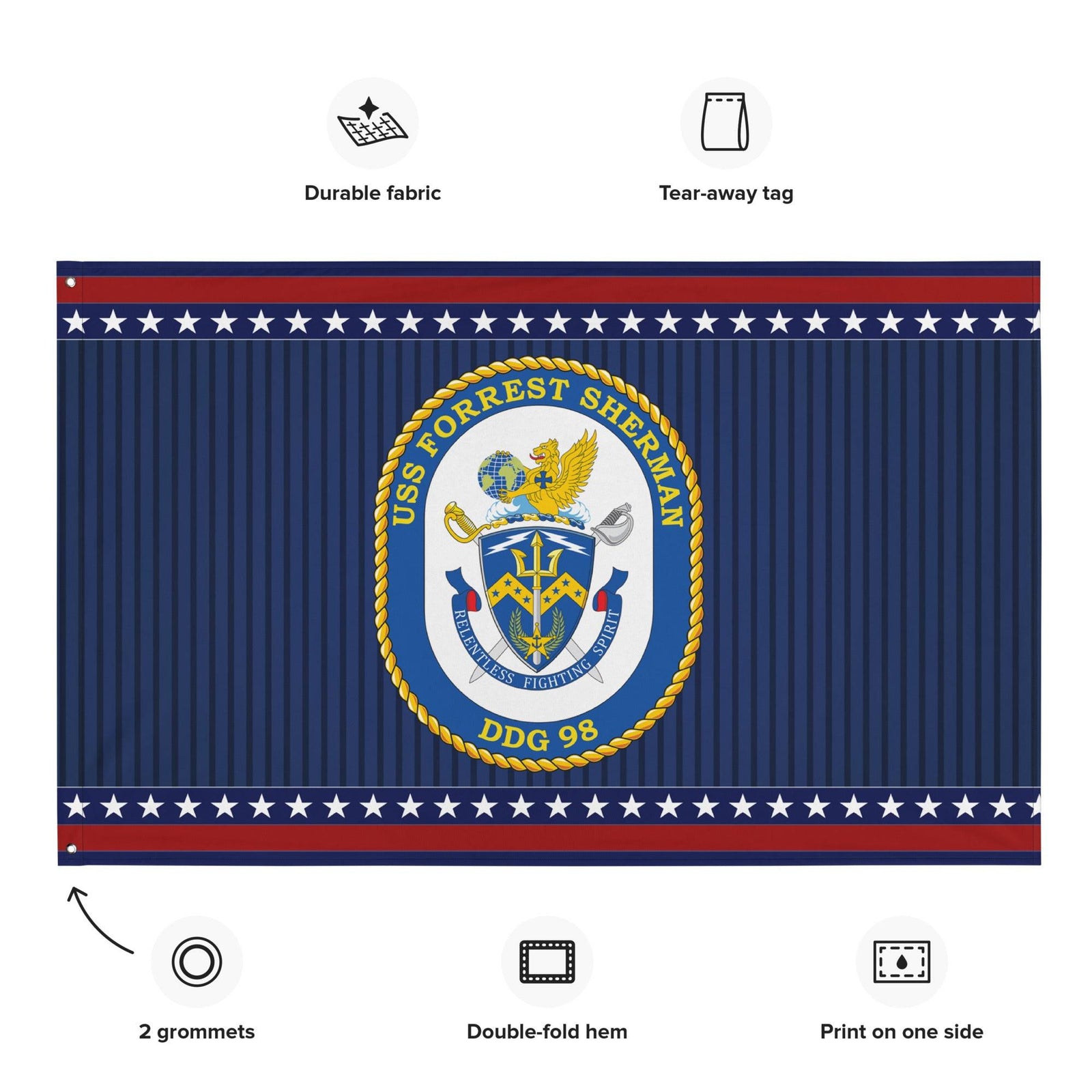 Patriotic USS Forrest Sherman (DDG-98) Ship's Crest Wall Flag Tactically Acquired   