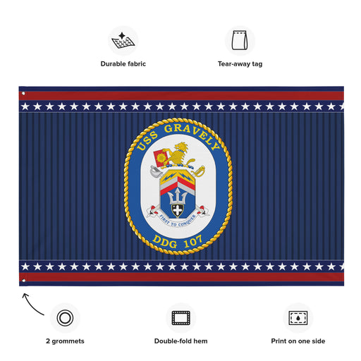 Patriotic USS Gravely (DDG-107) Ship's Crest Wall Flag Tactically Acquired   