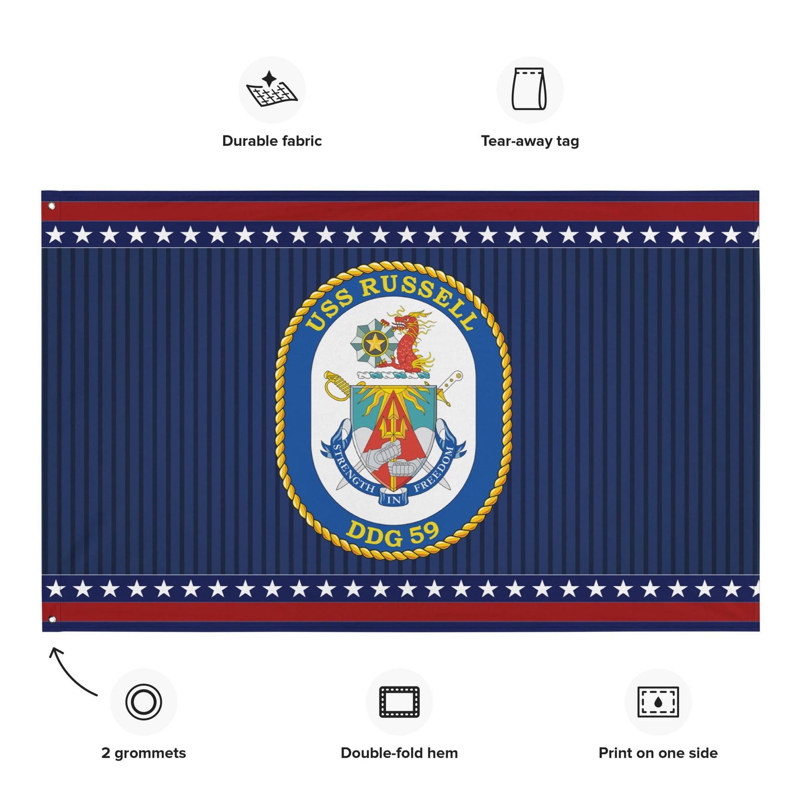 Patriotic USS Russell (DDG-59) Ship's Crest Wall Flag Tactically Acquired   