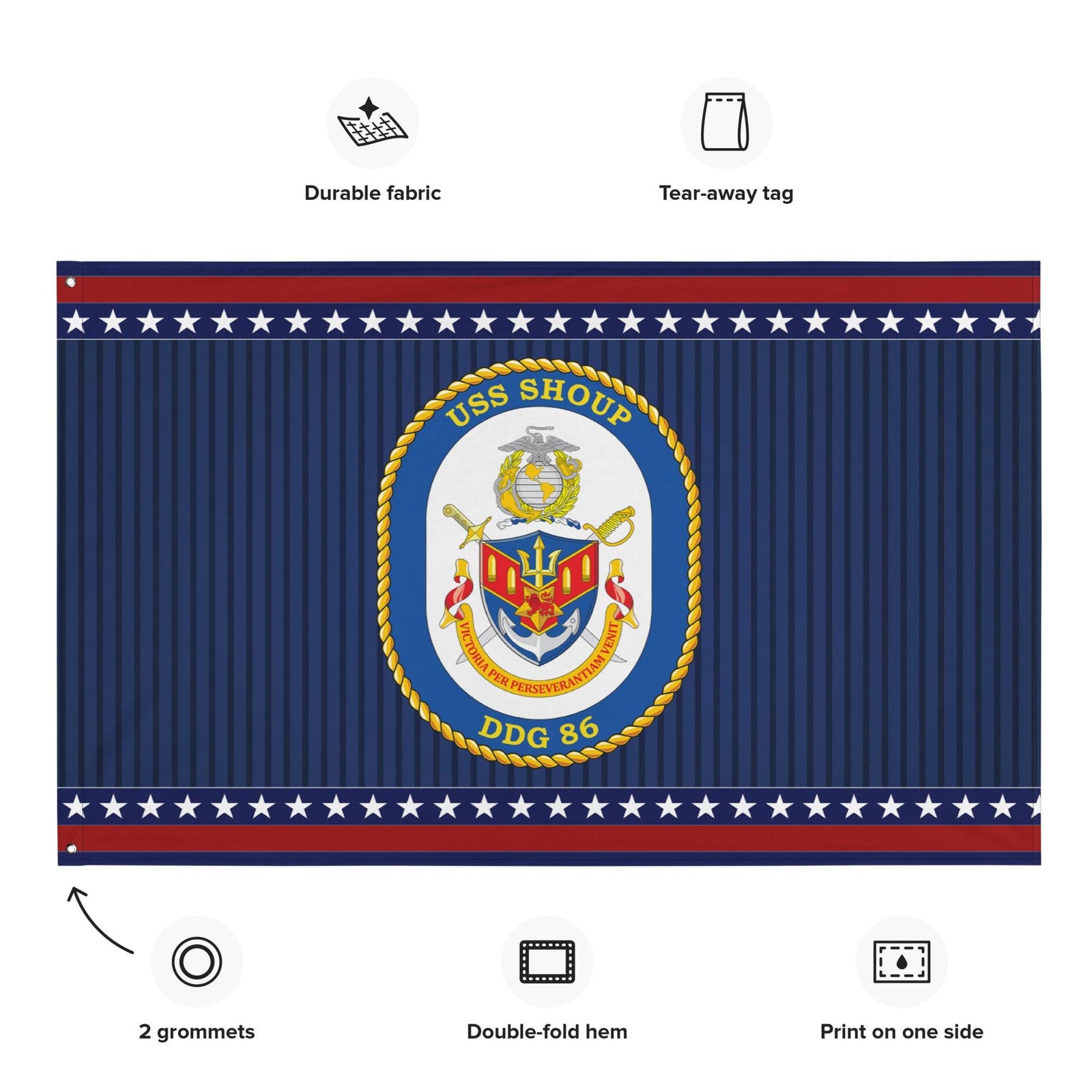 Patriotic USS Shoup (DDG-86) Ship's Crest Wall Flag Tactically Acquired   