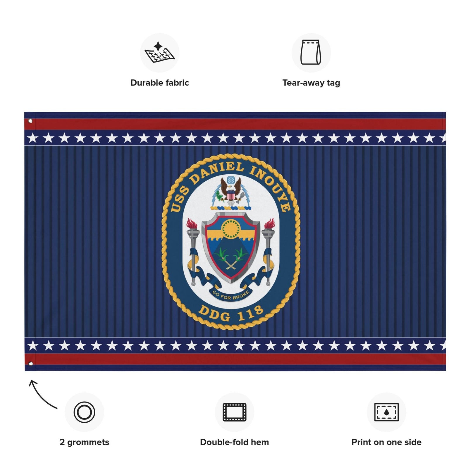 Patriotic USS Daniel Inouye (DDG-118) Ship's Crest Wall Flag Tactically Acquired   