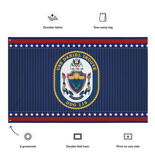 Patriotic USS Daniel Inouye (DDG-118) Ship's Crest Wall Flag Tactically Acquired   