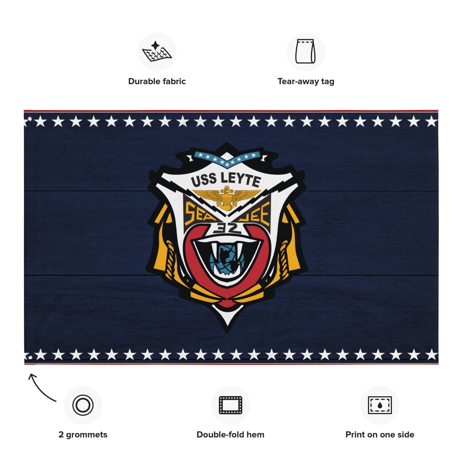 Patriotic USS Leyte (CV-32) Ship's Crest Emblem Wall Flag Tactically Acquired   
