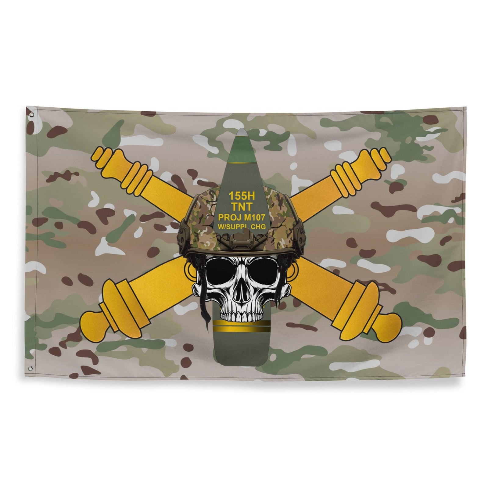 U.S. Army Field Artillery 155mm Shell w/ Cannons Skull Wall Flag Tactically Acquired