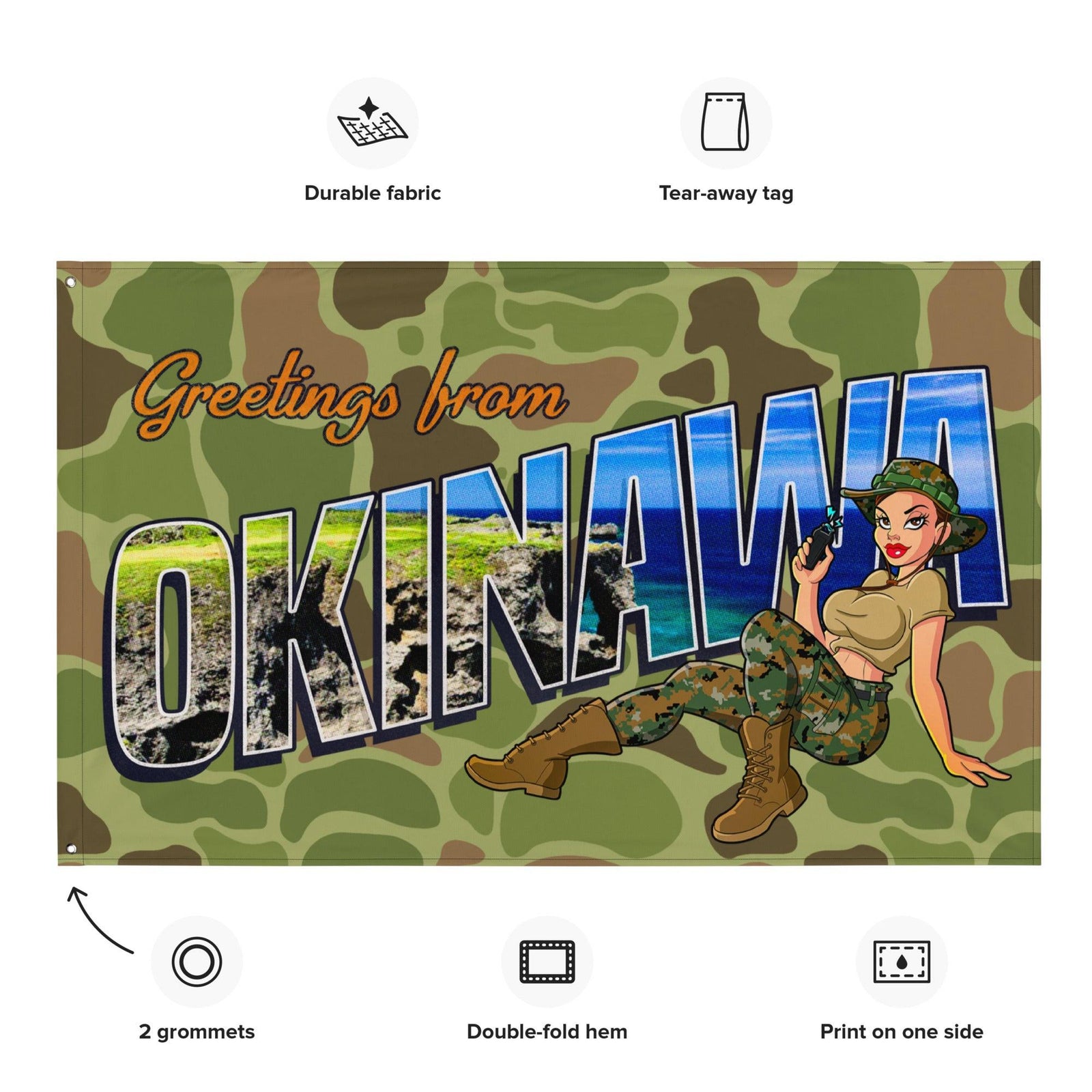 Greetings From Okinawa Frogskin Camo Yesi Wall Flag Tactically Acquired
