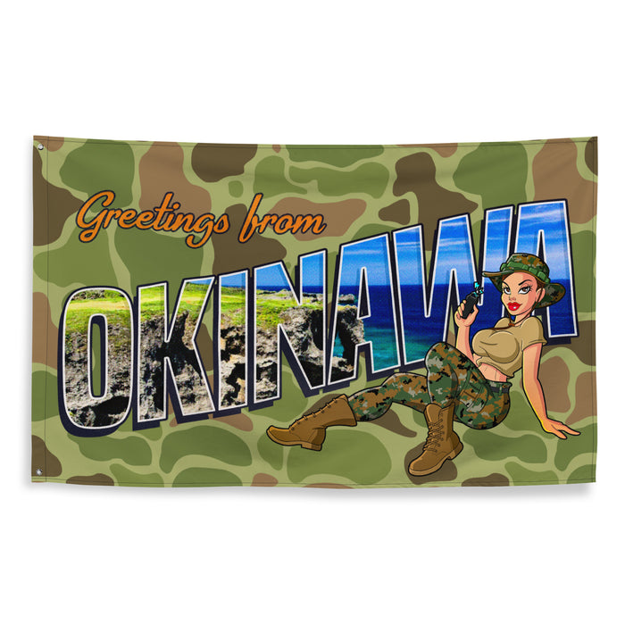 Greetings From Okinawa Frogskin Camo Yesi Wall Flag Tactically Acquired