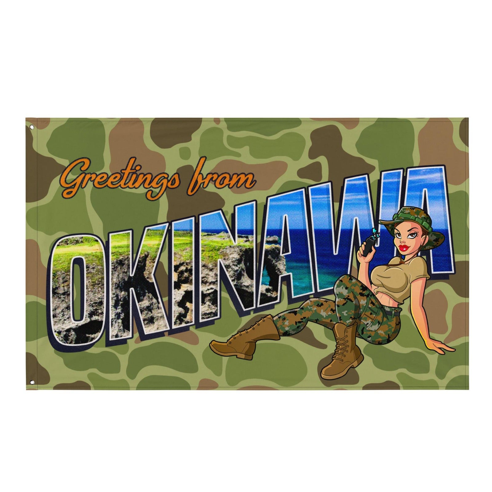 Greetings From Okinawa Frogskin Camo Yesi Wall Flag Tactically Acquired