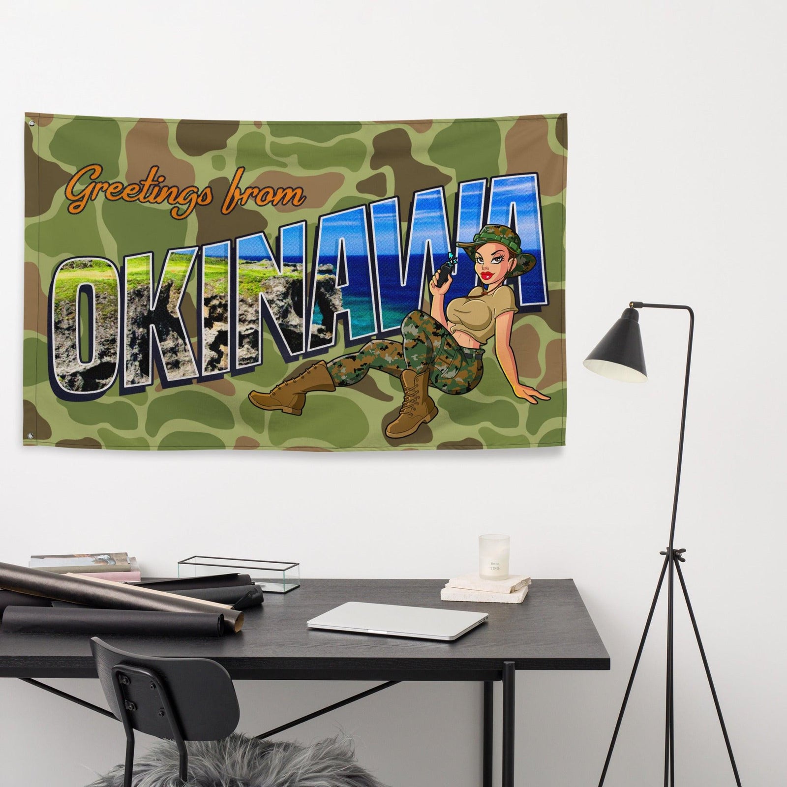 Greetings From Okinawa Frogskin Camo Yesi Wall Flag Tactically Acquired