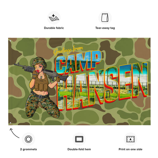 Greetings From Camp Hansen Frogskin Camo Wall Flag Tactically Acquired