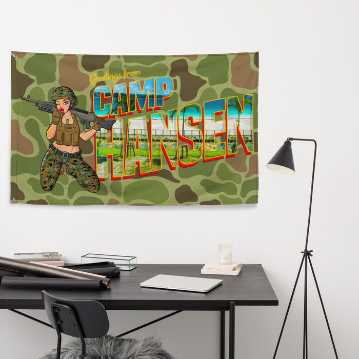 Greetings From Camp Hansen Frogskin Camo Wall Flag Tactically Acquired