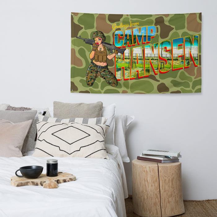 Greetings From Camp Hansen Frogskin Camo Wall Flag Tactically Acquired