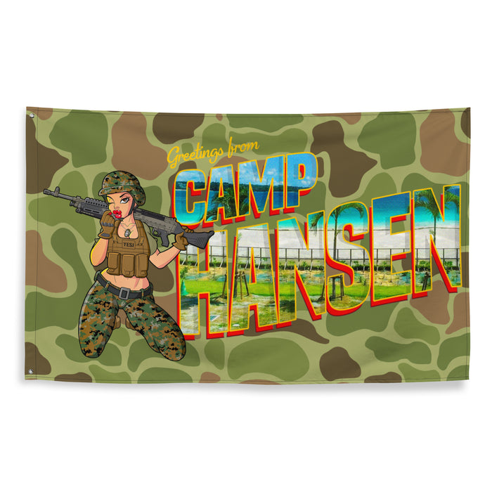 Greetings From Camp Hansen Frogskin Camo Wall Flag Tactically Acquired