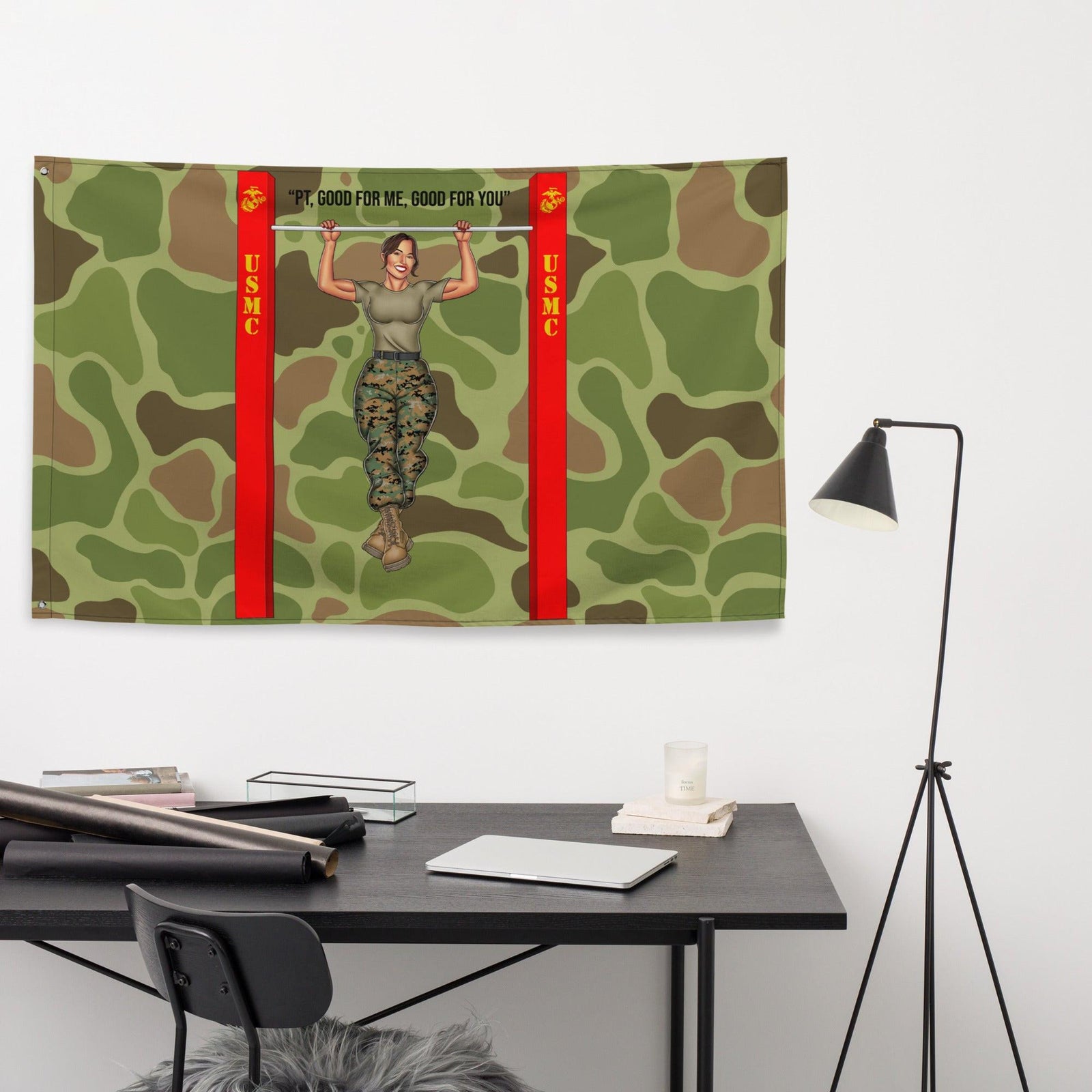 "PT Good for me, Good for You" - Ari USMC Pin-Up Girl Wall Flag Tactically Acquired