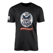Black t-shirt with the Armand's Legion Continental Legionnaires design, an America 250 Revolutionary War commemorative tee honoring the foreign volunteers who fought at Yorktown, from veteran-owned Tactically Acquired