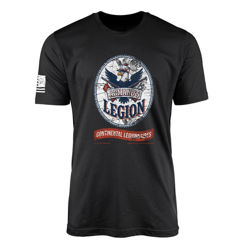 Black t-shirt with the Armand's Legion Continental Legionnaires design, an America 250 Revolutionary War commemorative tee honoring the foreign volunteers who fought at Yorktown, from veteran-owned Tactically Acquired