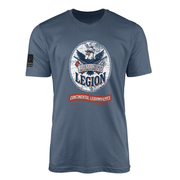 Armand's Legion Revolutionary War t-shirt in Steel Blue featuring the eagle crest and crossed muskets design, part of the America 250 1776-2026 collection from Tactically Acquired