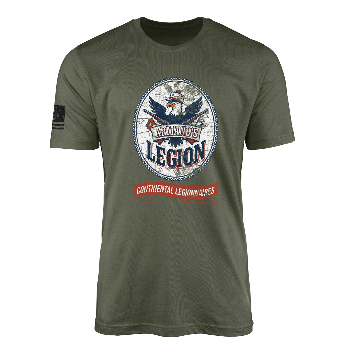 Armand's Legion America 250 1776-2026 veteran-owned Revolutionary War t-shirt in black featuring a distressed vintage crest with an American eagle in a Continental light dragoon helmet, crossed flintlock muskets, and a "Continental Legionnaires" banner, commemorating Colonel Charles Armand Tuffin's multinational Continental Army legion that fought at Yorktown during the Semiquincentennial 250th anniversary