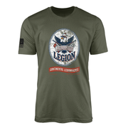 Armand's Legion America 250 1776-2026 veteran-owned Revolutionary War t-shirt in black featuring a distressed vintage crest with an American eagle in a Continental light dragoon helmet, crossed flintlock muskets, and a "Continental Legionnaires" banner, commemorating Colonel Charles Armand Tuffin's multinational Continental Army legion that fought at Yorktown during the Semiquincentennial 250th anniversary