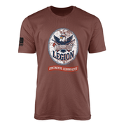Close-up of the Armand's Legion design showing a navy and red American eagle wearing a Continental light dragoon helmet over crossed flintlock muskets, with the "Continental Legionnaires" banner below