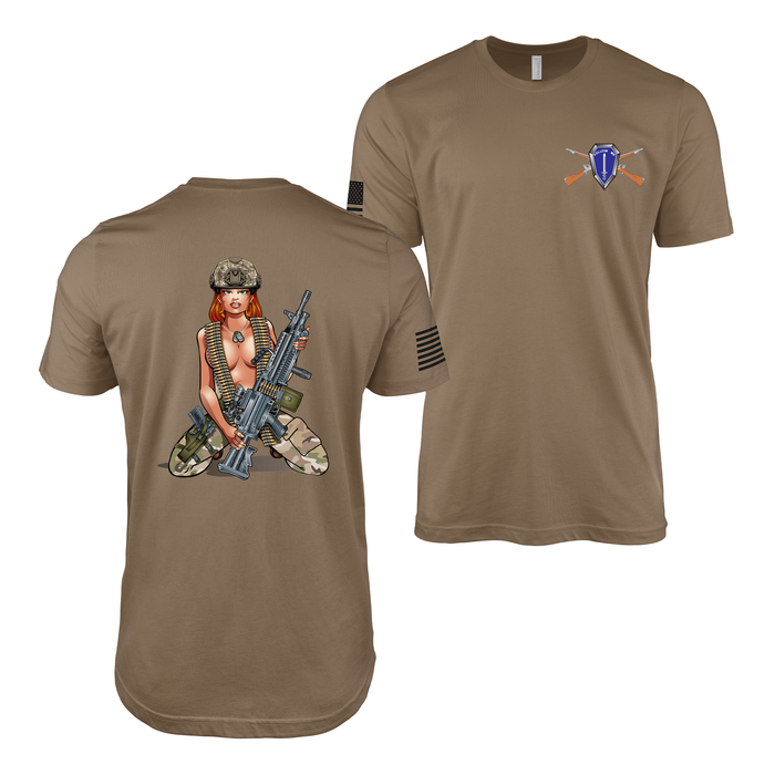 U.S. Army Infantry Machine Gun Pin Up Girl T-Shirt Tactically Acquired Woodland Brown Small 