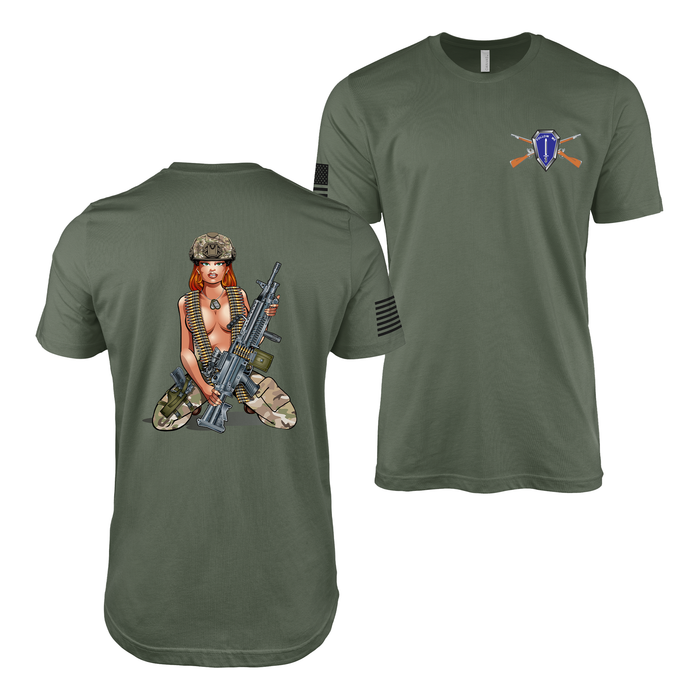 U.S. Army Infantry Machine Gun Pin Up Girl T-Shirt Tactically Acquired Military Green Small 