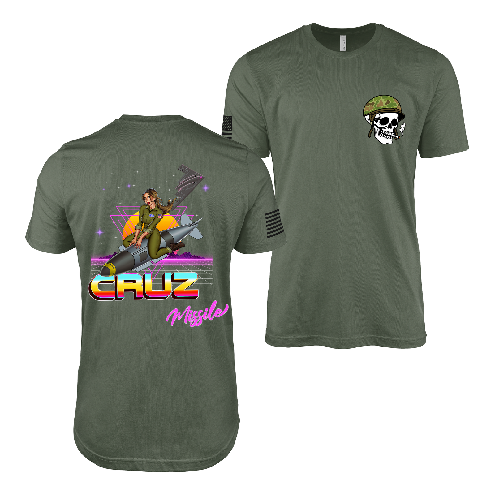 B-2 Spirt Cruz Missile Retrowave Air Force Pin-Up Girl Judy T-Shirt Tactically Acquired Military Green S