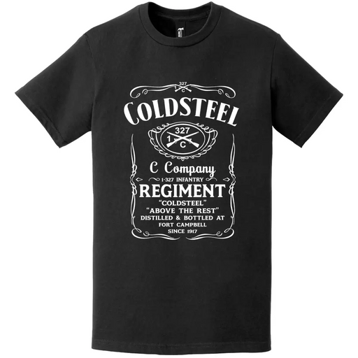 C Co 1-327 Infantry Regiment "Coldsteel" Whiskey Label T-Shirt Tactically Acquired   