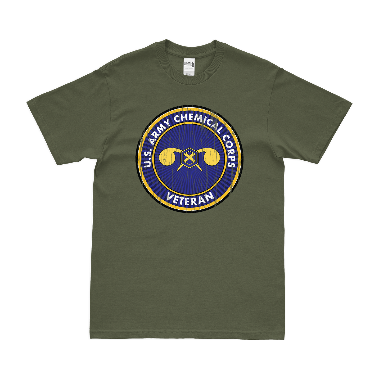U.S. Army Chemical Corps Veteran Logo T-Shirt Tactically Acquired Military Green Distressed Small