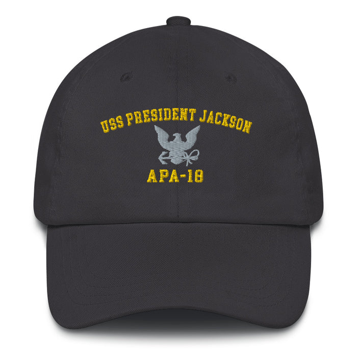 USS President Jackson (APA-18) Embroidered Dad Hat Tactically Acquired Dark Grey  