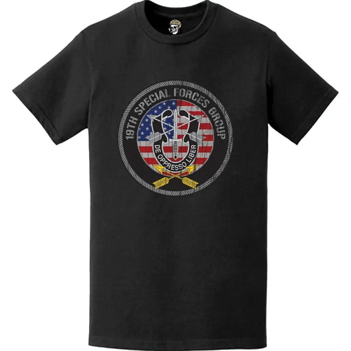 Distressed 19th SFG Patriotic American Flag Circle Crest T-Shirt Tactically Acquired   