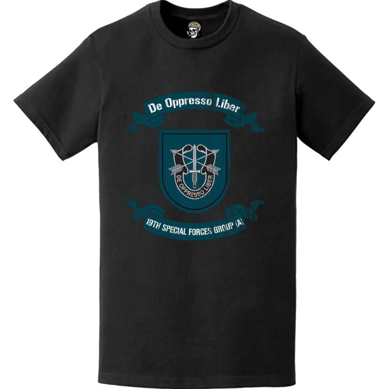 Distressed 19th Special Forces Group Motto Legacy Scroll T-Shirt