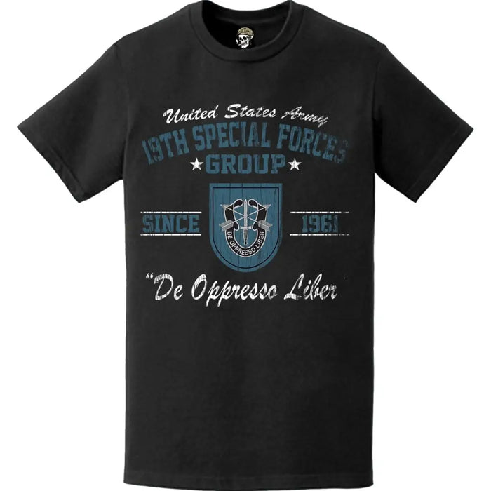 Distressed 19th Special Forces Group (19th SFG) Commemorative Legacy T-Shirt - Celebrating Since 1961 Tactically Acquired   