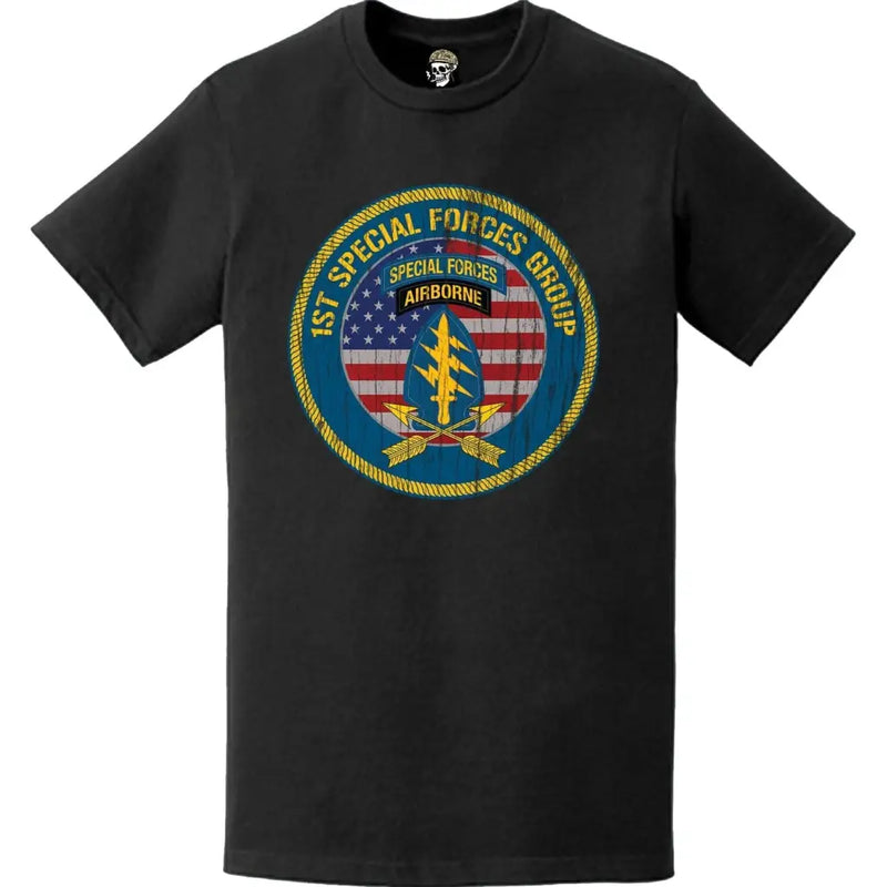 Distressed 1st Special Forces Group (1st SFG) American Flag Tab Crest T-Shirt